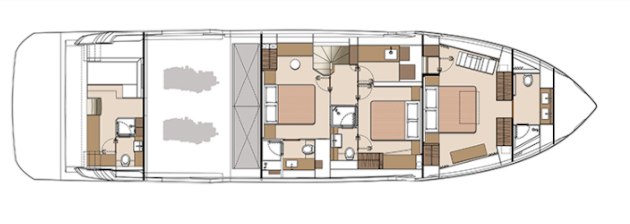Horizon FD75 accommodations, staterooms, three-cabins