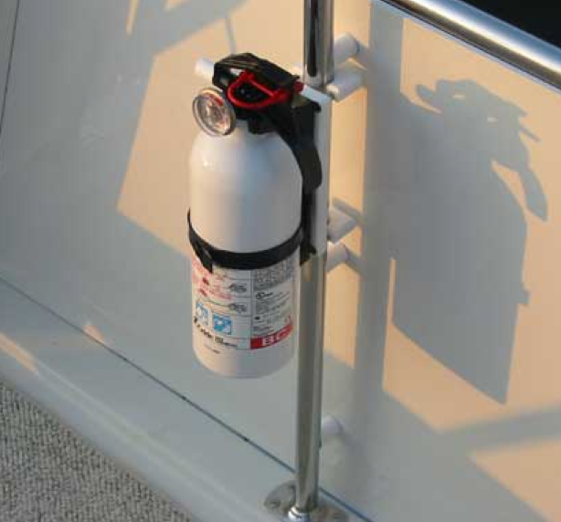 fire extinguisher mounted on boat, fire extinguisher on boat