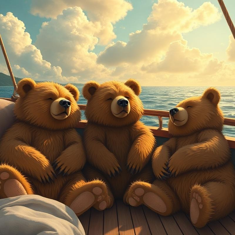 3 bears sleeping on a boat