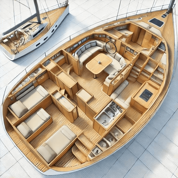 AI image - sailing yacht interior with four cabins, a central salon with a galley
