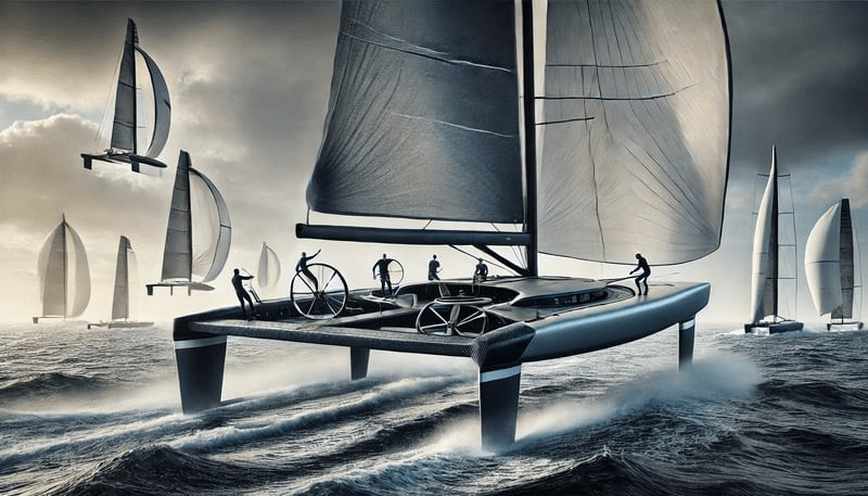 AI image - innovative racing sailing yacht with sailors on it
