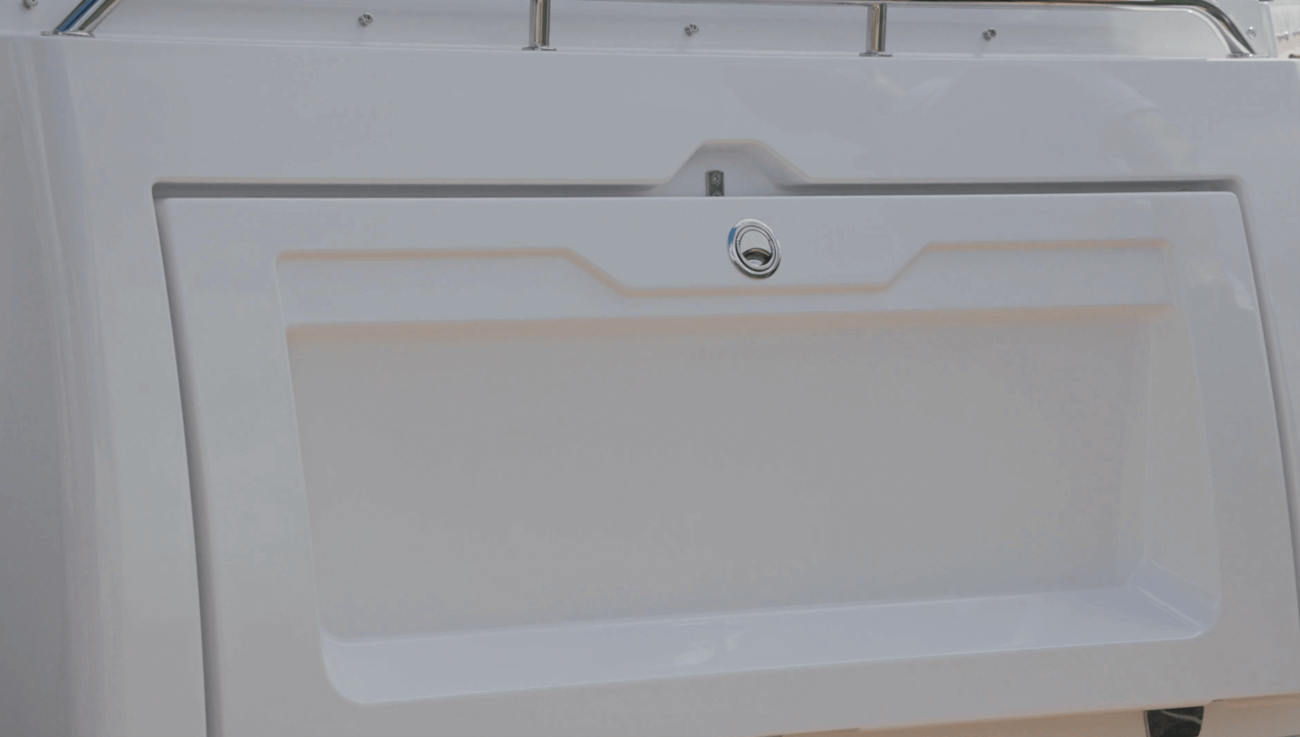 Aquador 300 HT transom has large storage space inside the hatch