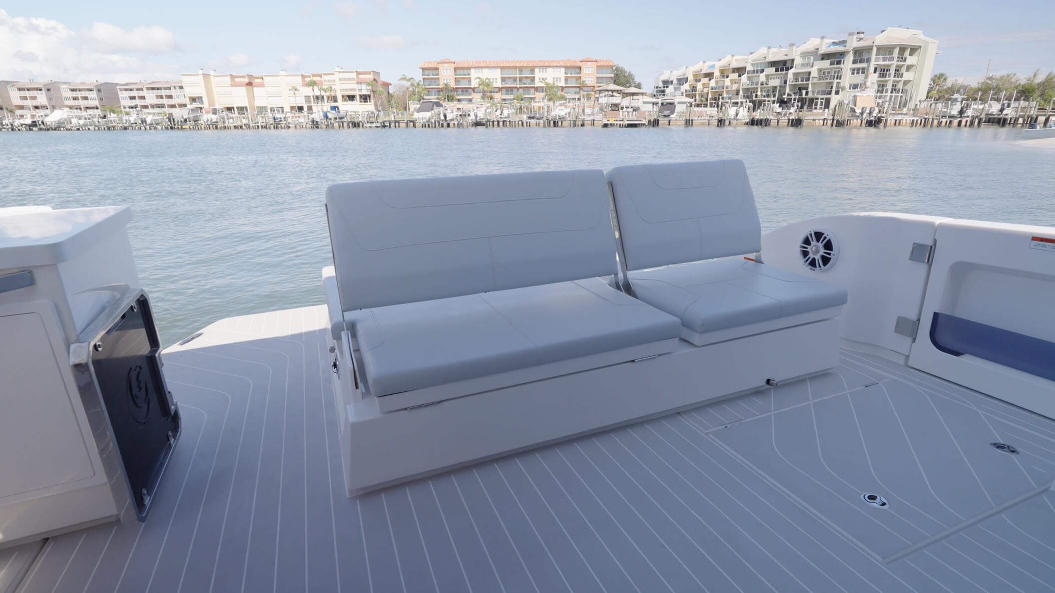 Aquila 42 Coupe Power Catamaran aft bench seats/lounges