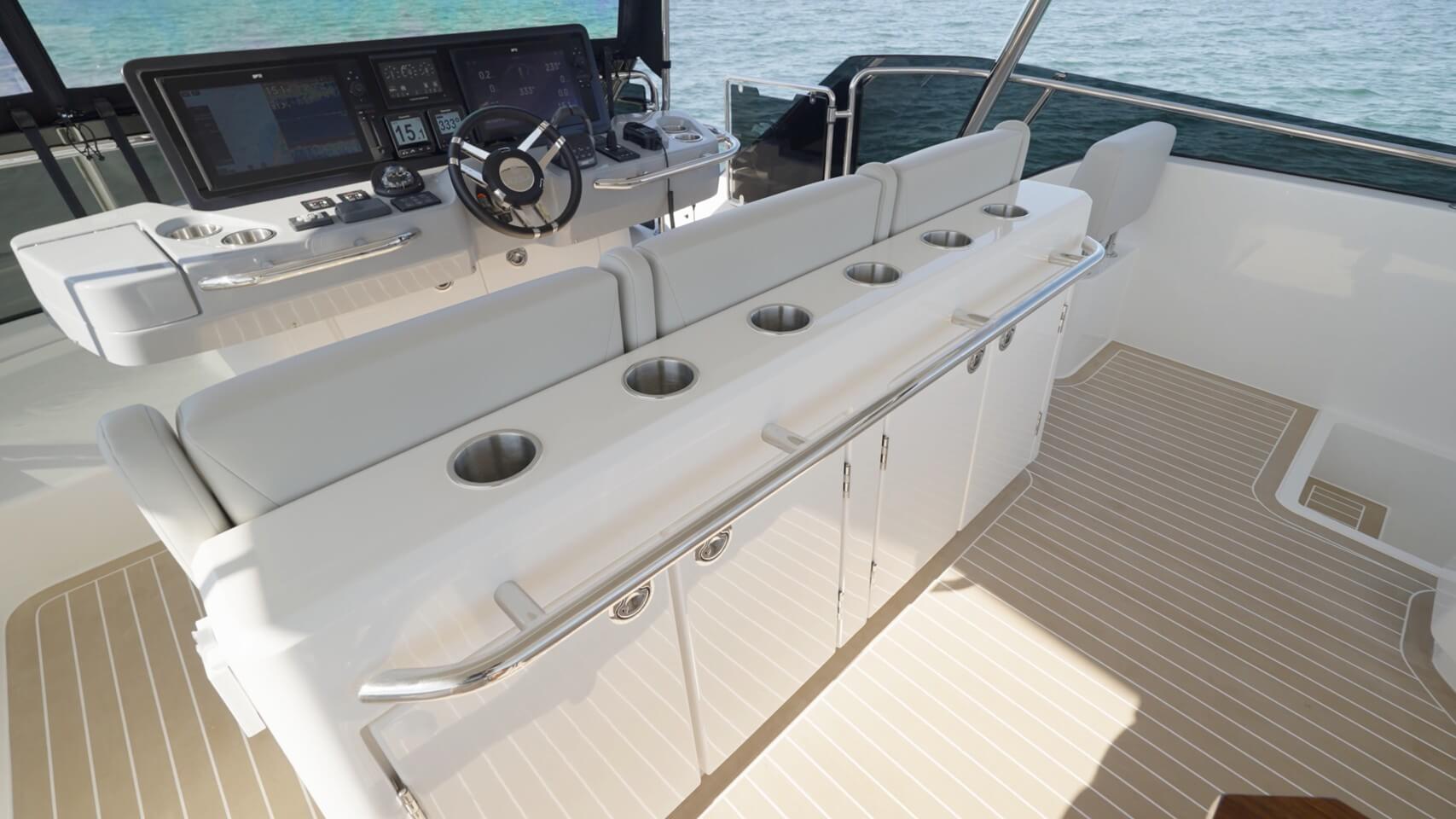 Aquila 46 Powercat large storage cabinet on back of helm