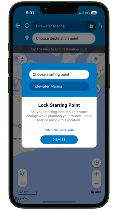 Argo boating app - lock starting point