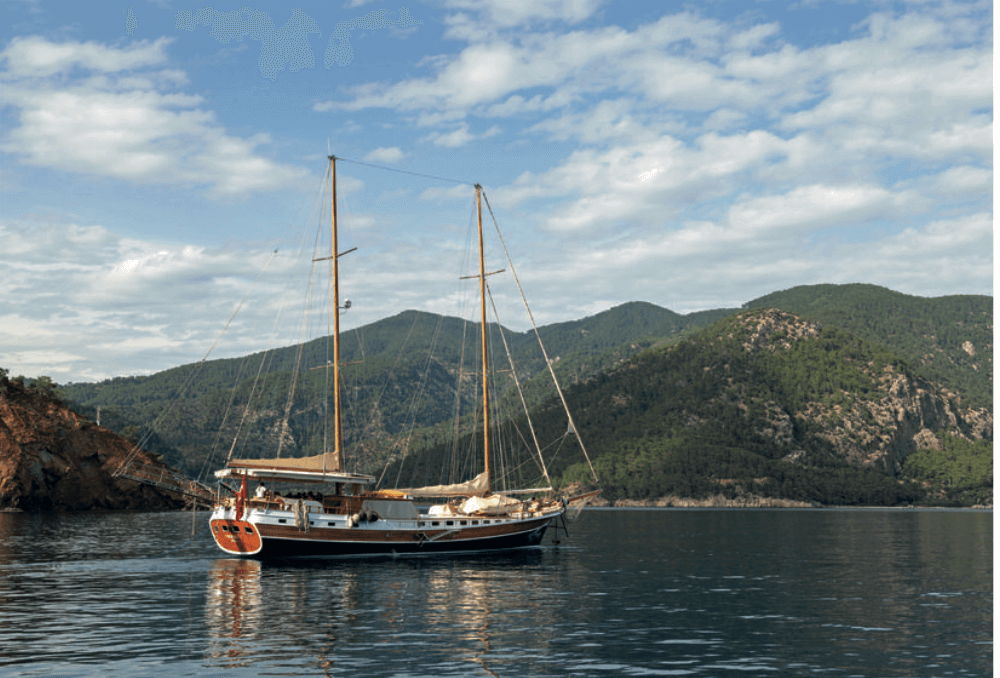 Elegant traditional gulet Arif Kaptan C, moored near Ekincik on the Anatolian coast