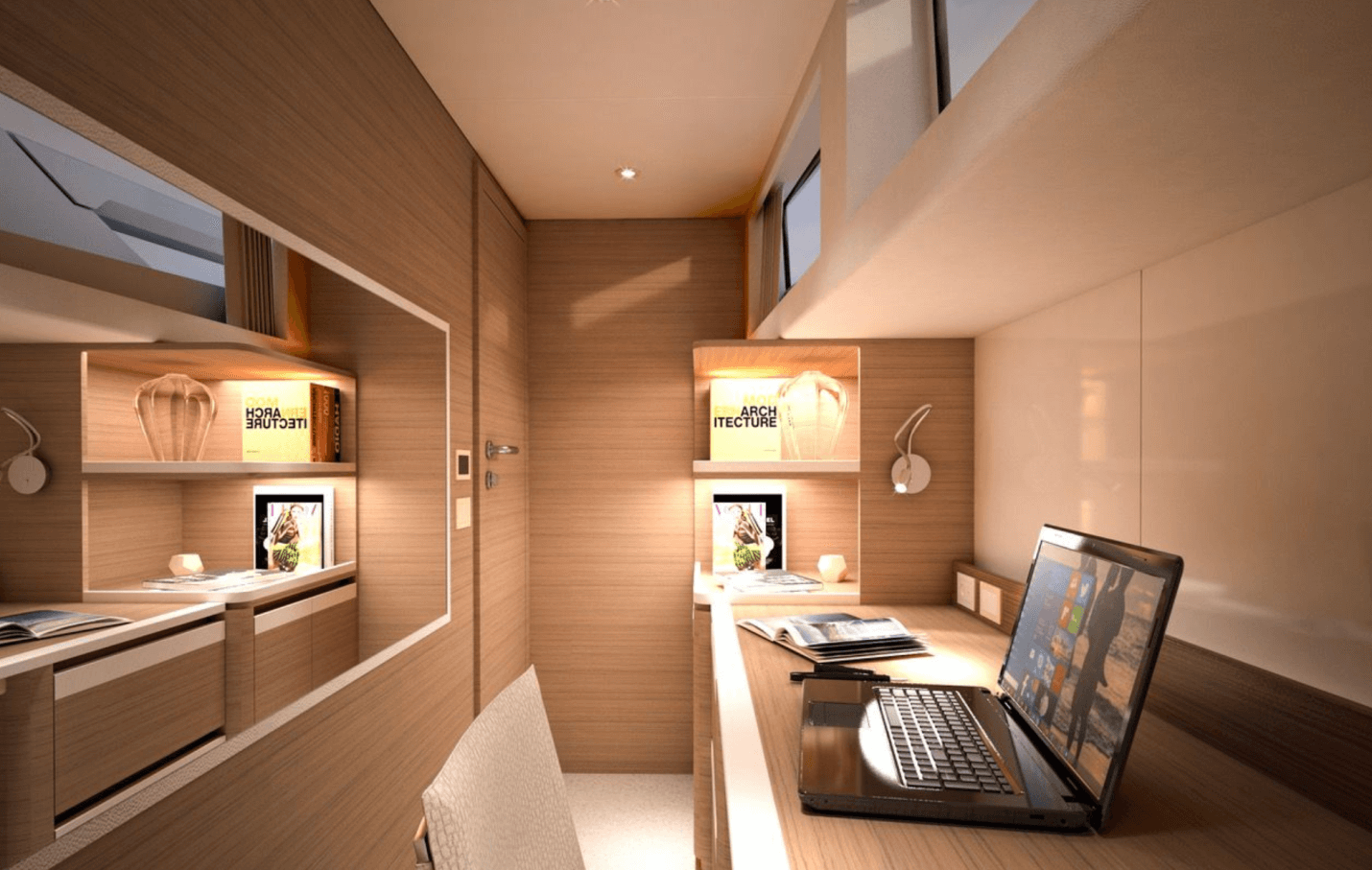 The customized interior of the 45 will include an office in place of a 3rd stateroom