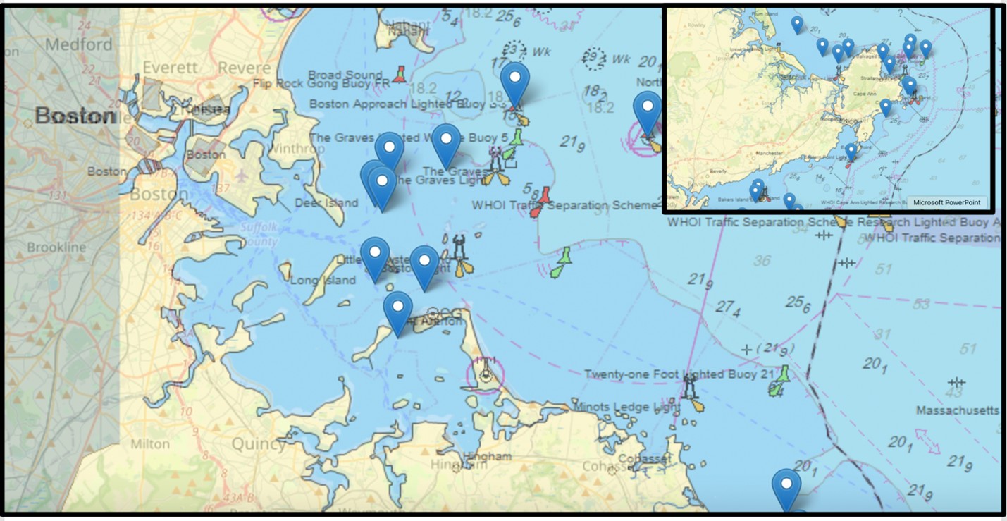 Boston Harbor map and inset of Cape Ann showing Buoys that USCG may ax