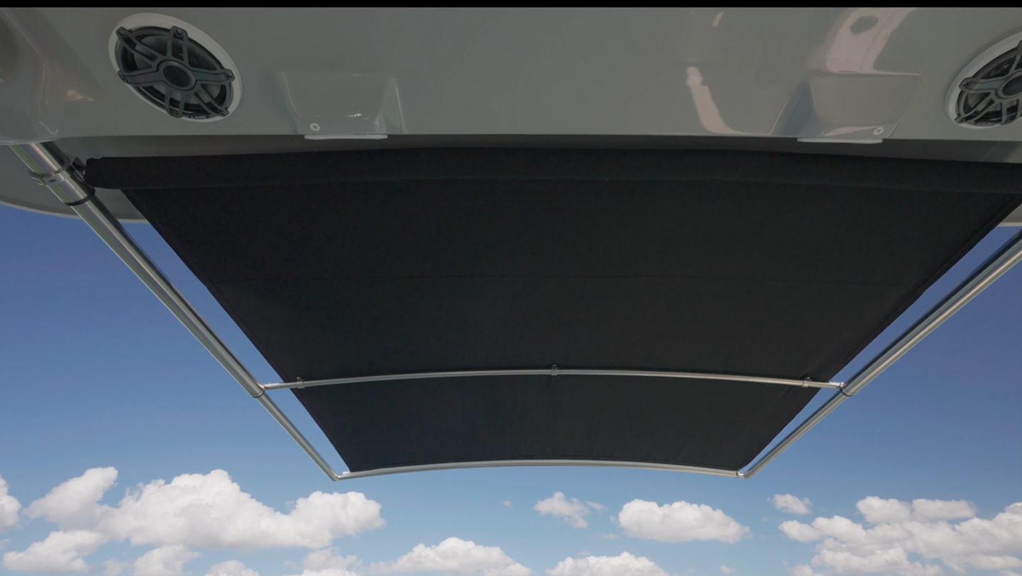 Boston Whaler 330 Vantage hardtop features an optional, electrically operated SureShade