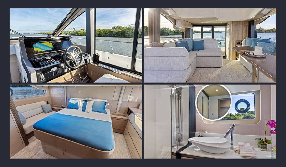 Cruisers 50 FLY flybridge, helm, master stateroom, and head