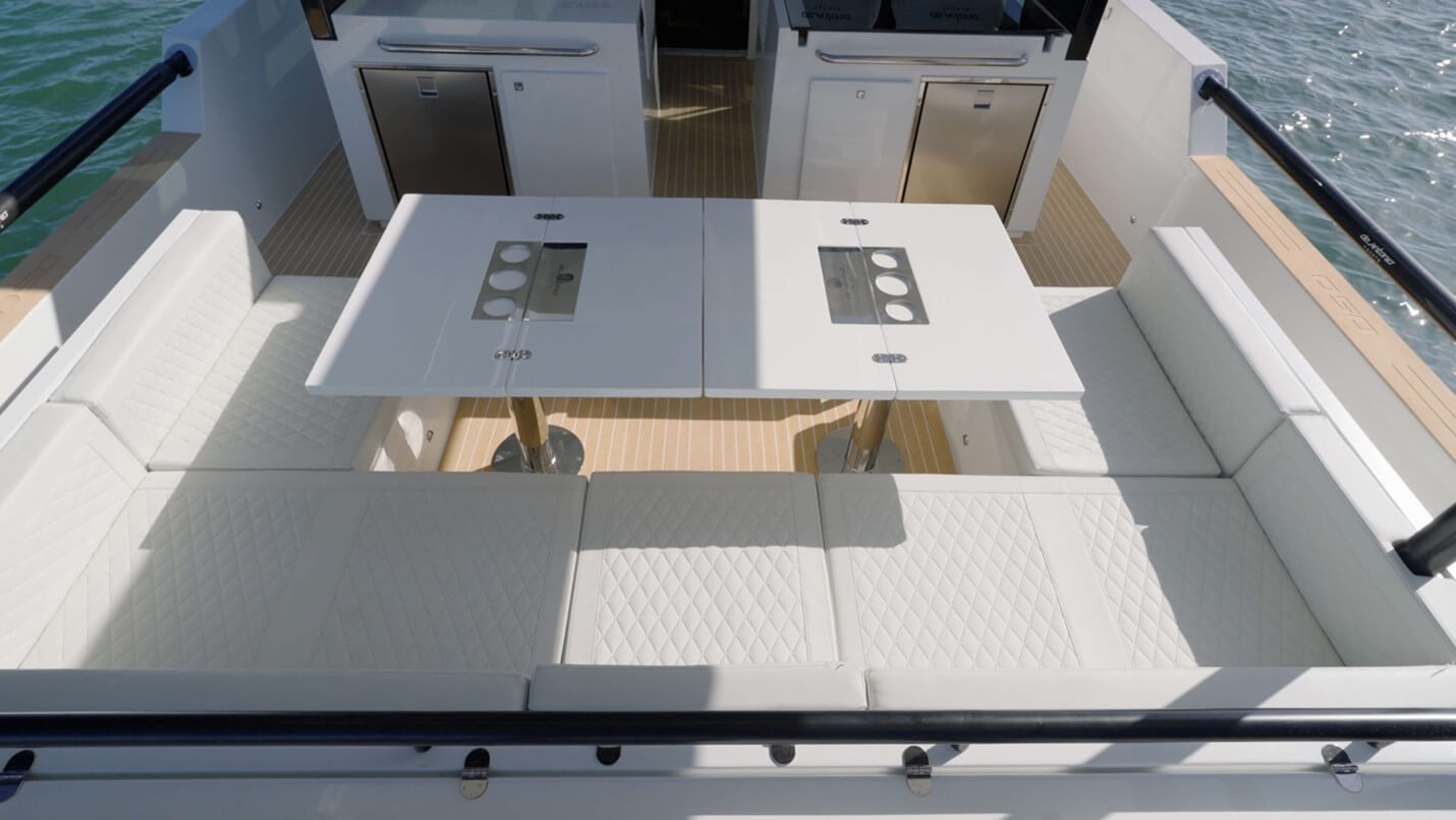 De Antonio D50 Coupe center cushion on the aft seat lifts up and provides easy access to the machinery space below