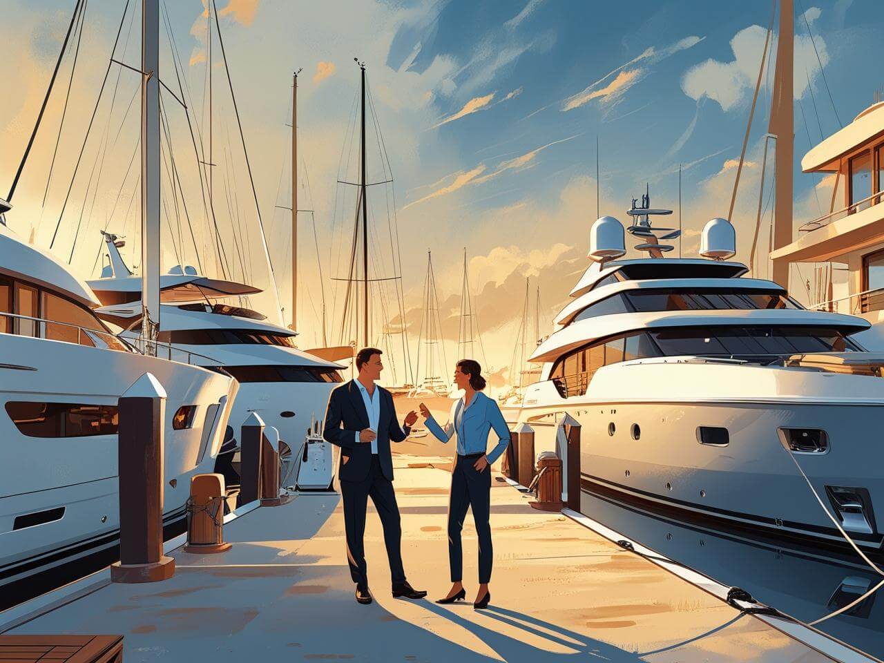 Yacht designer and client on dock by yachts