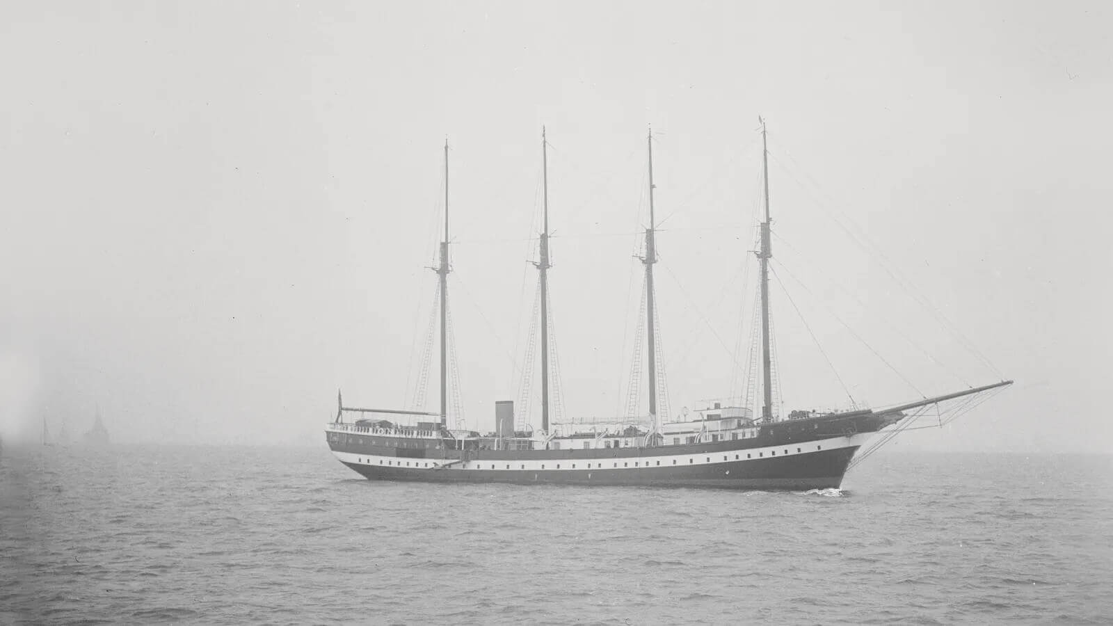 Flying Cloud, four-masted schooner on a foggy day