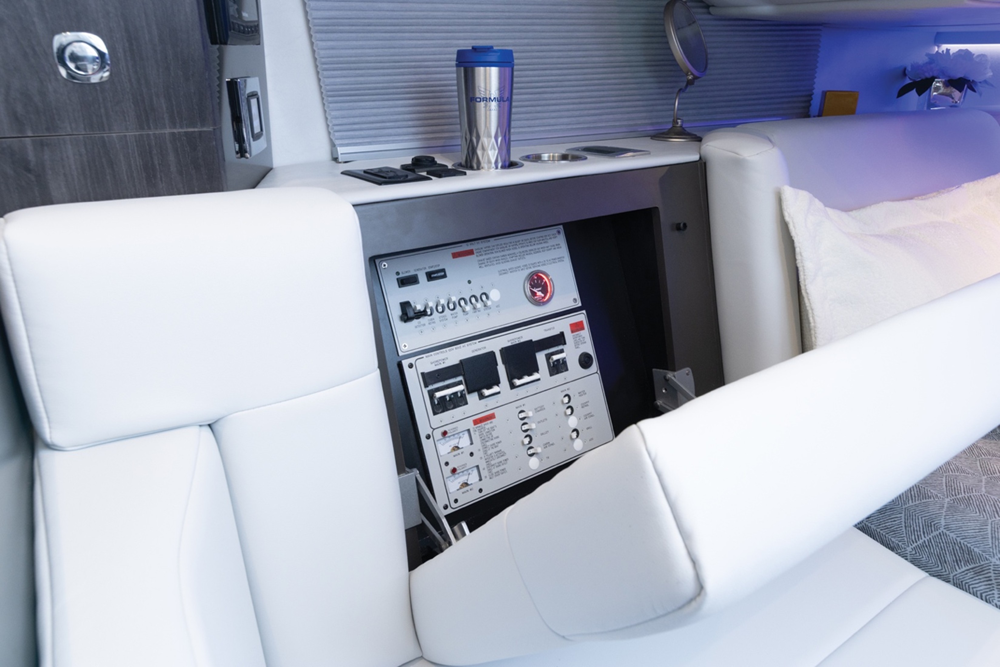 Formula 360 CBR OB electrical panel behind a backrest cushion