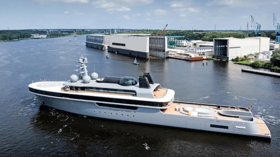 Lürssen 114m Superyacht Cosmos on the water, side profile