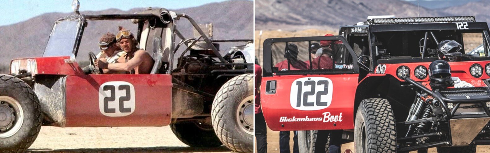 Steve McQueen in is his Baja 1000 Boot, and at right is Young’s Glickenhaus Boot, getting ready for the Baja 1000