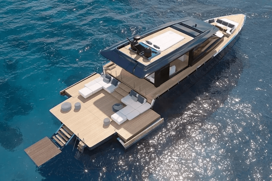 Nautor Swan Arrow split-level main deck culminates in an extending swim platform