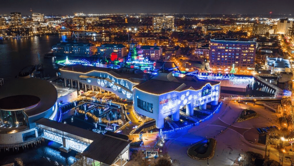 Norfolk, Virginia - Nauticus (with the Battleship Wisconsin in the background) celebrates Winterfest each year