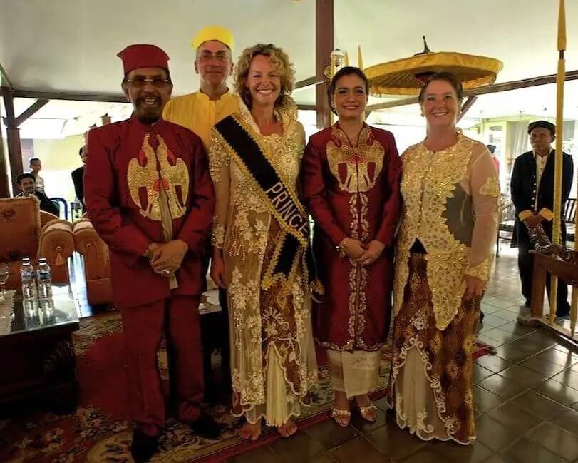 The late Patti Serry (far right) with BBC presenter Kate Humble and the Sultans of Ternate