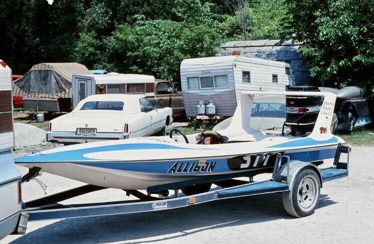 Paul Allison blue and white speed boat on trailer.