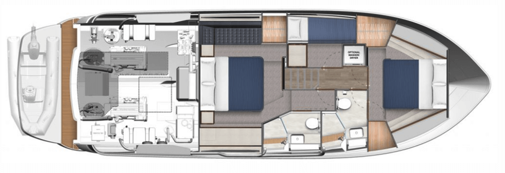 Accommodations in a 3-stateroom configuration as our test yacht was equipped