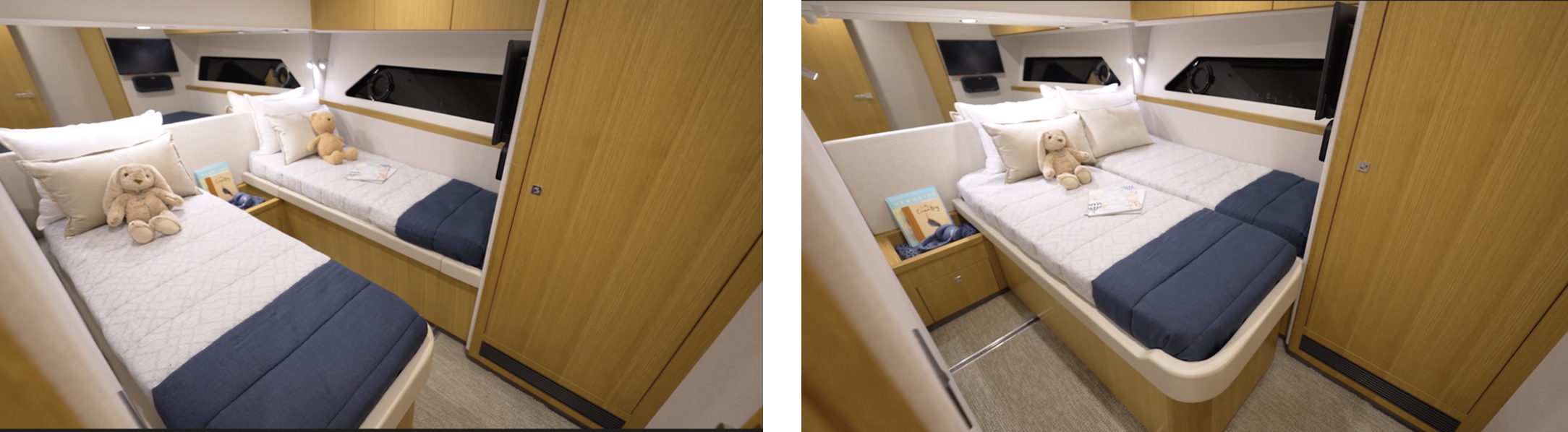 Riviera 58 SMY Double berth stateroom in both the double and larger single berth configuration
