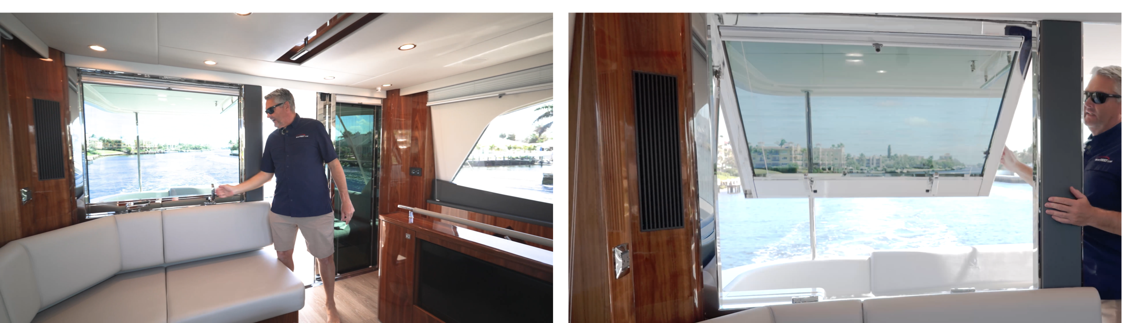 Riviera 58 SMY Glass panel abaft the entertainment seating opening onto the upper mezzanine