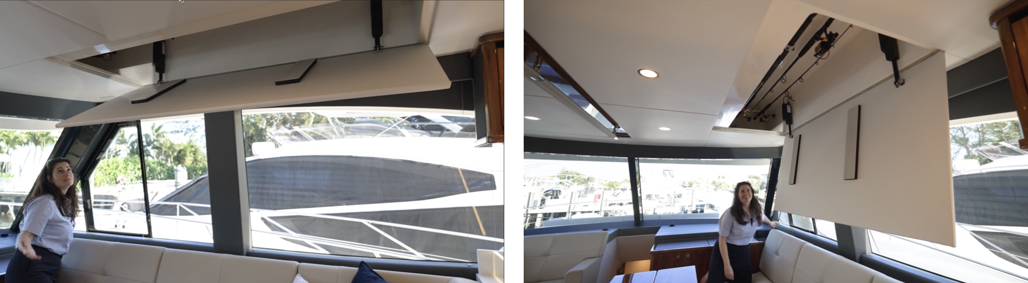 Riviera 58 SMY Captain Boomies demonstrating the hidden ceiling storage compartment