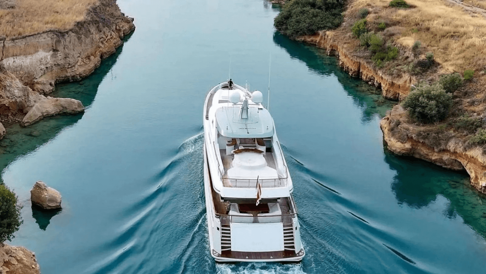 Superyacht Calypso going down the Corinth Canal