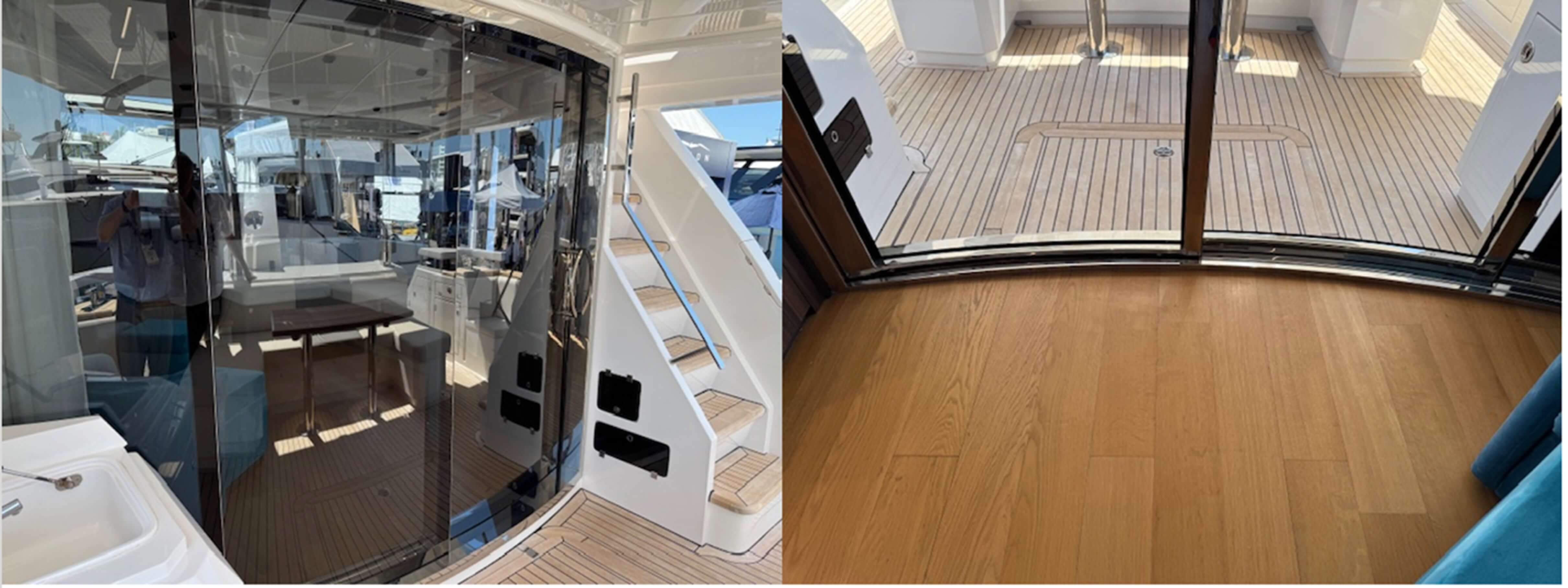 Sanlorenzo SD90 curved sliding doors from the aft deck to the salon