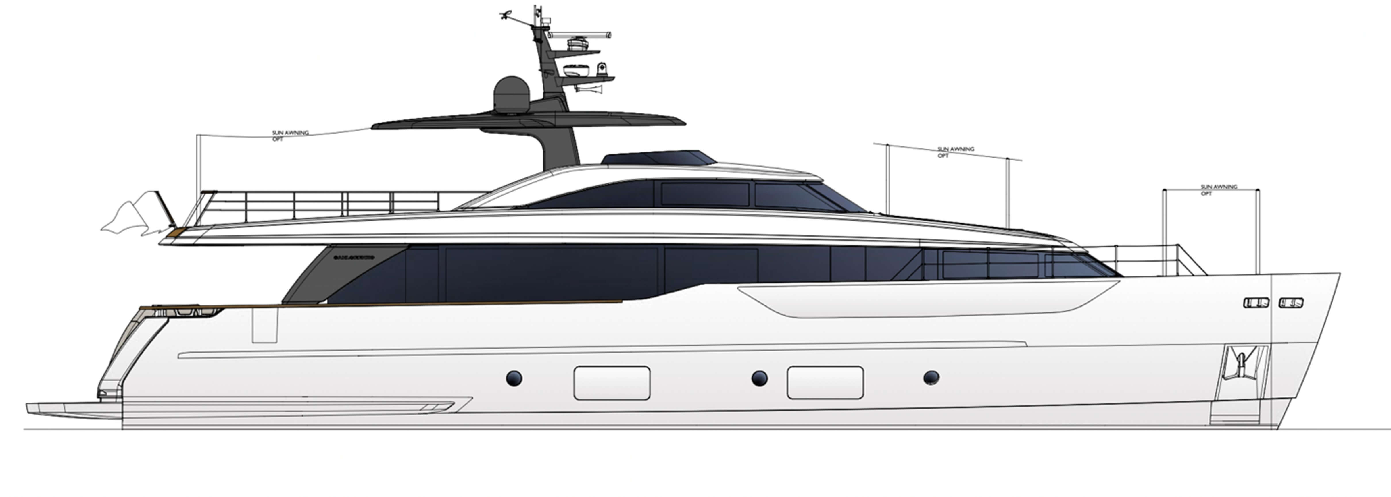 Sanlorenzo SD90 drawing, side profile