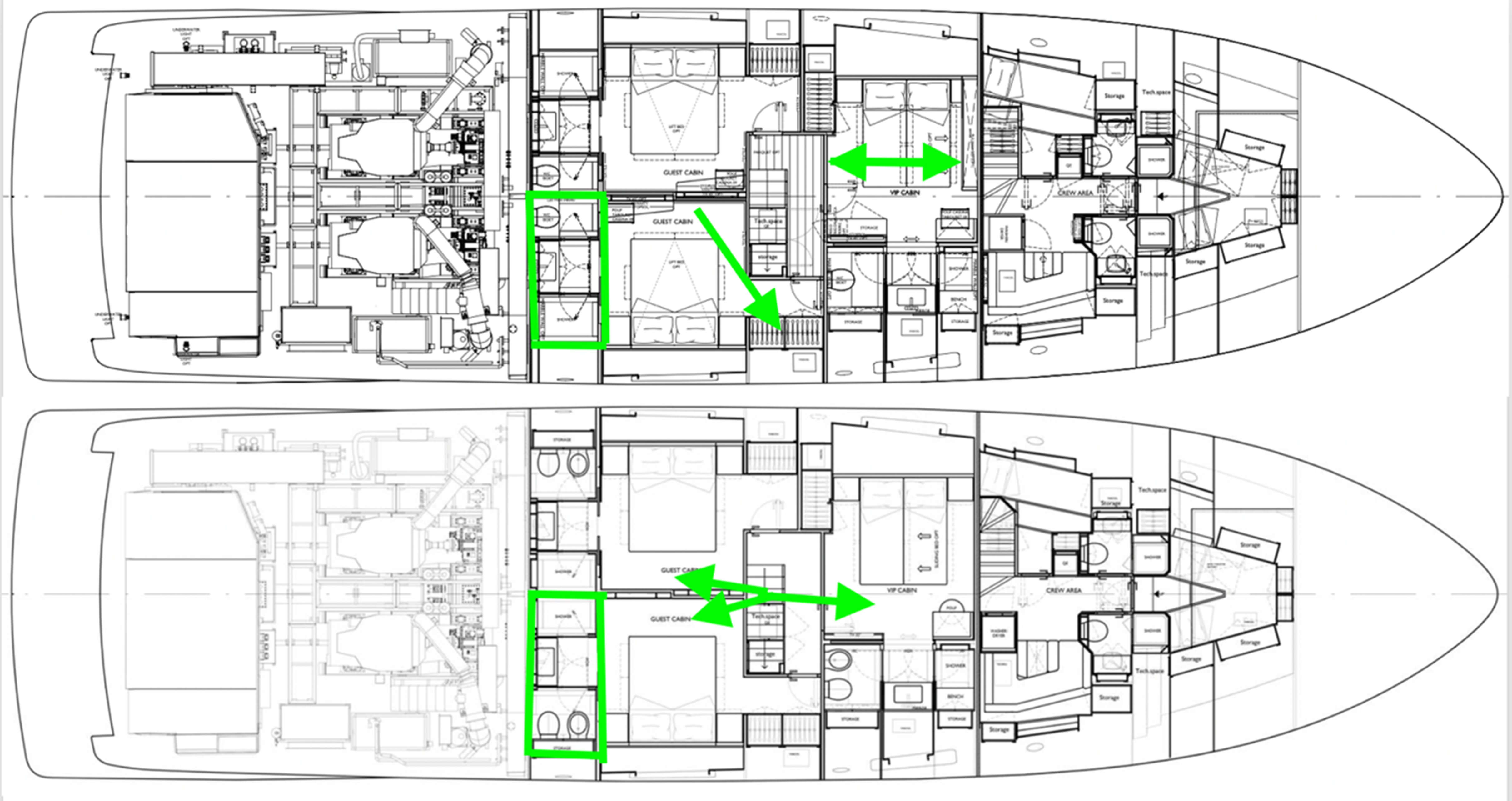Sanlorenzo SD90 two illustrations showing different options for layout