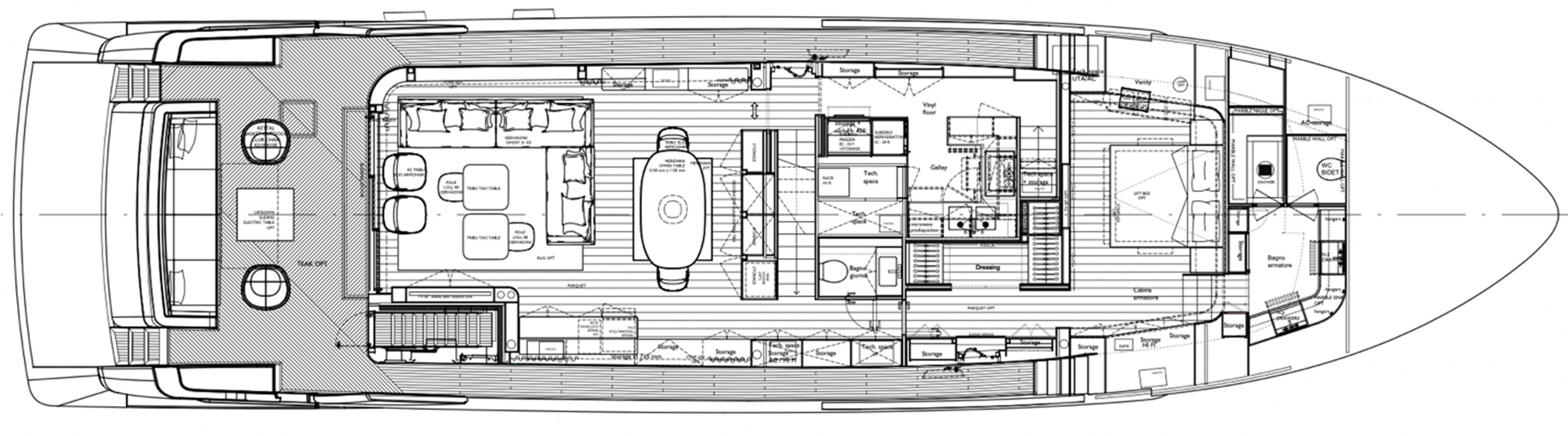 Sanlorenzo SD90 layout showing five major areas on the main deck