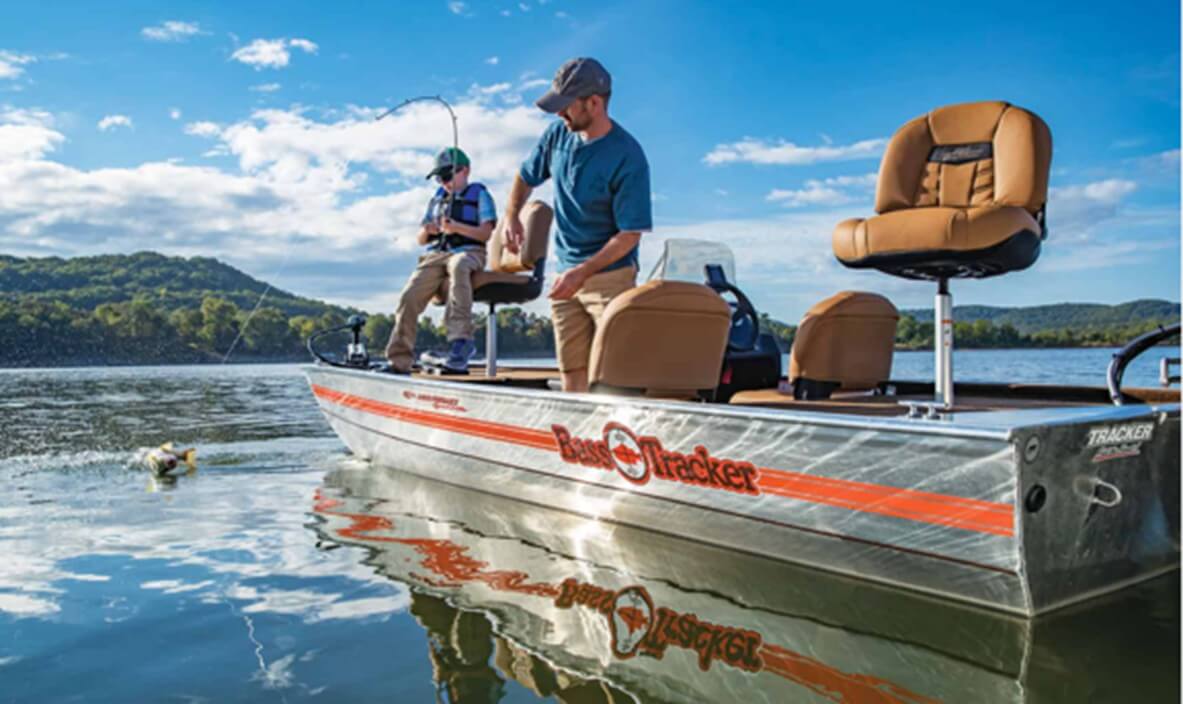 Man and boy fishing on a Tracker aluminum boat