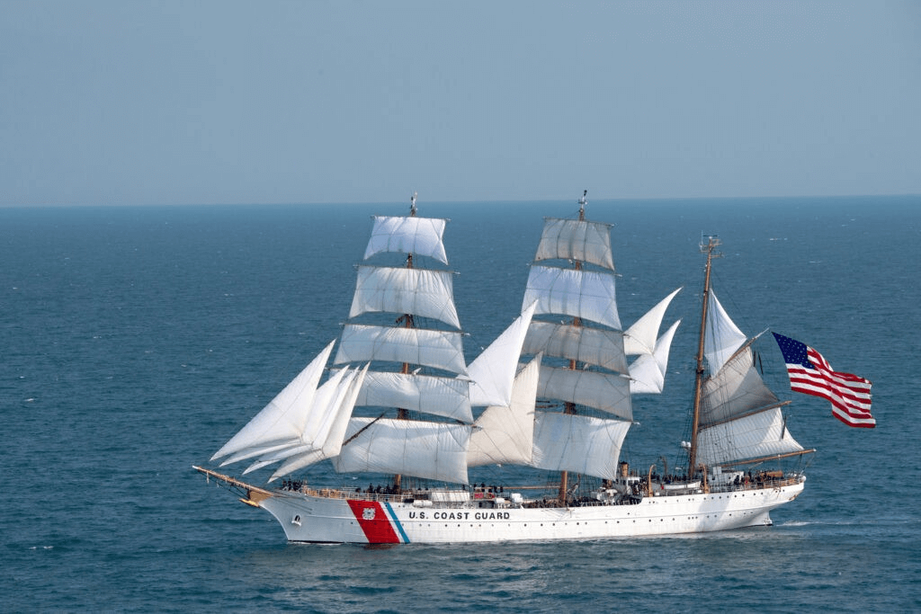 The Coast Guard Cutter Eagle sails from Norfolk, Virginia, to Boston, June 12, 2017. The Eagle is a 295-foot barque sailing vessel used to train Coast Guard Academy cadets in the historic aspects of sailing, leadership, navigation and teamwork