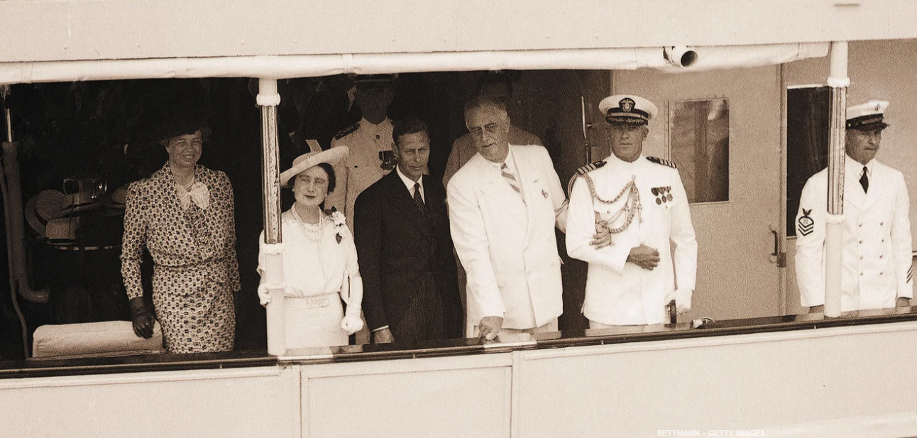 On board Potomac, left to right: Anna Eleanor Roosevelt, wife of the president; Queen Elizabeth and King George VI of England; President Franklin D. Roosevelt and Capt. Daniel J. Callaghan in 1939