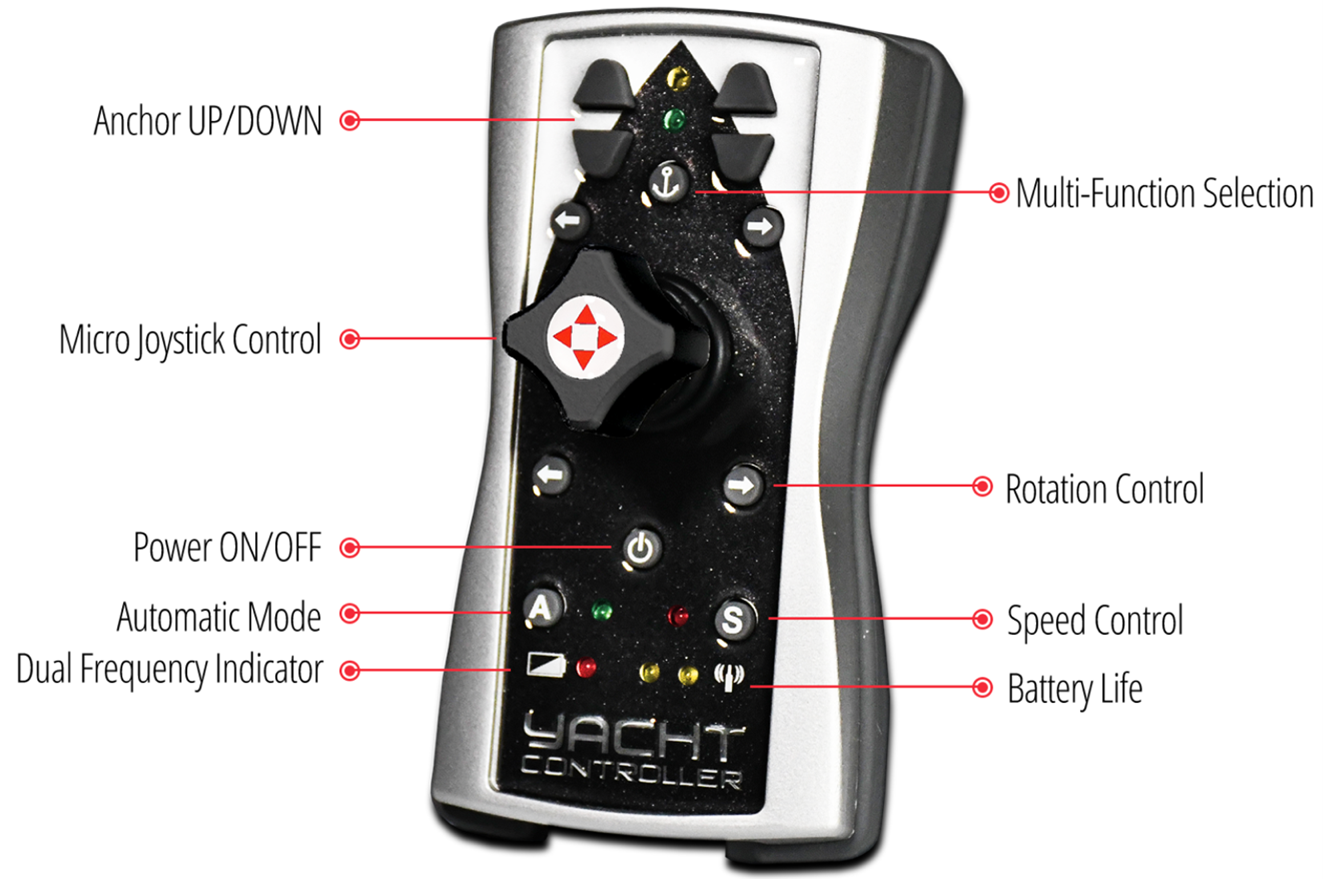 Yacht Controller, hand-held unit offers joystick control for operation anywhere on the vessel.