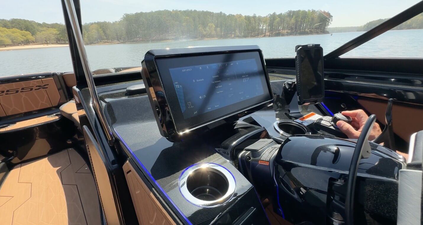 The Connext System features a 12.3-inch screen and allows you to toggle through many important functions such as home and nav screens, engine data, wake sport screen, set profiles for wake, Bluetooth control, lighting selection, along with other functions..
