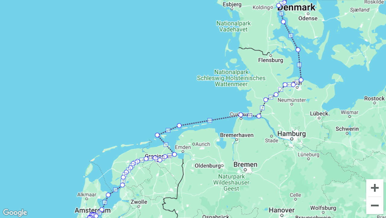 Passage planning #2. After the Kiel Canal, our route took us out into the North Sea and past the Friesan Islands, before fully entering the top of the Dutch Canal system