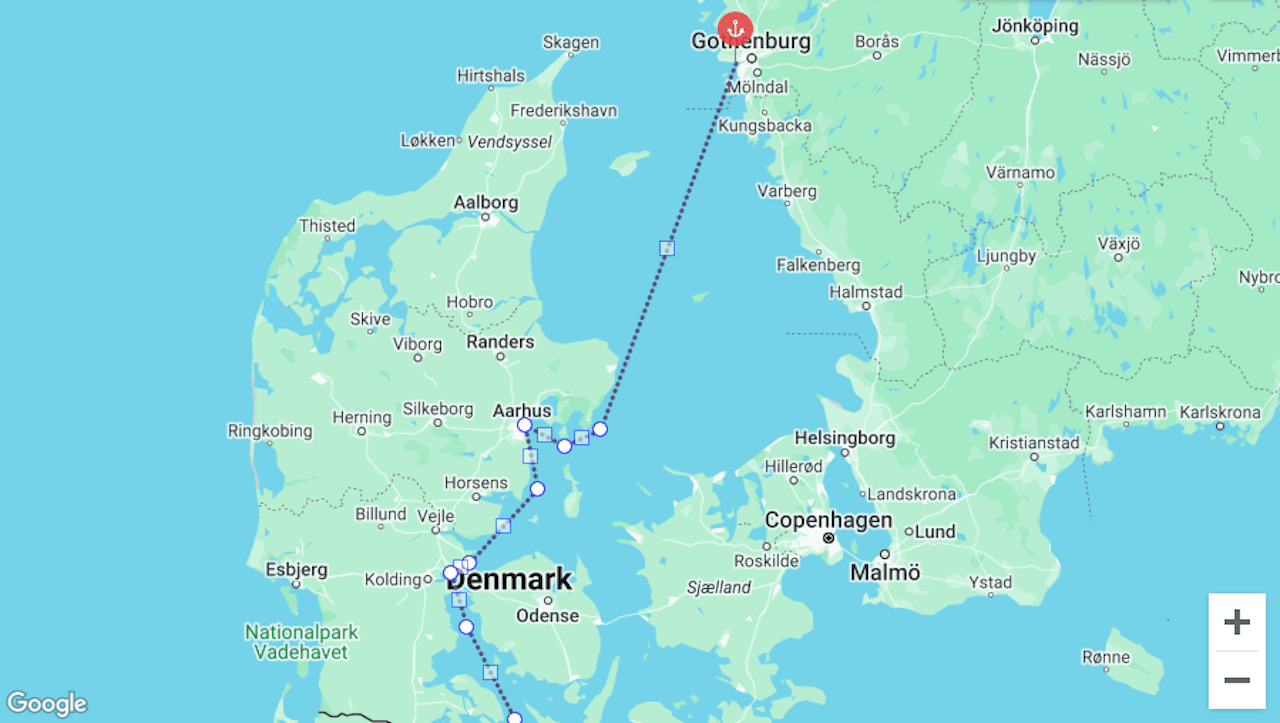 Passage planning #1. Our delivery began near Gothenburg, passing Denmark on the way south towards Germany and the Kiel Canal