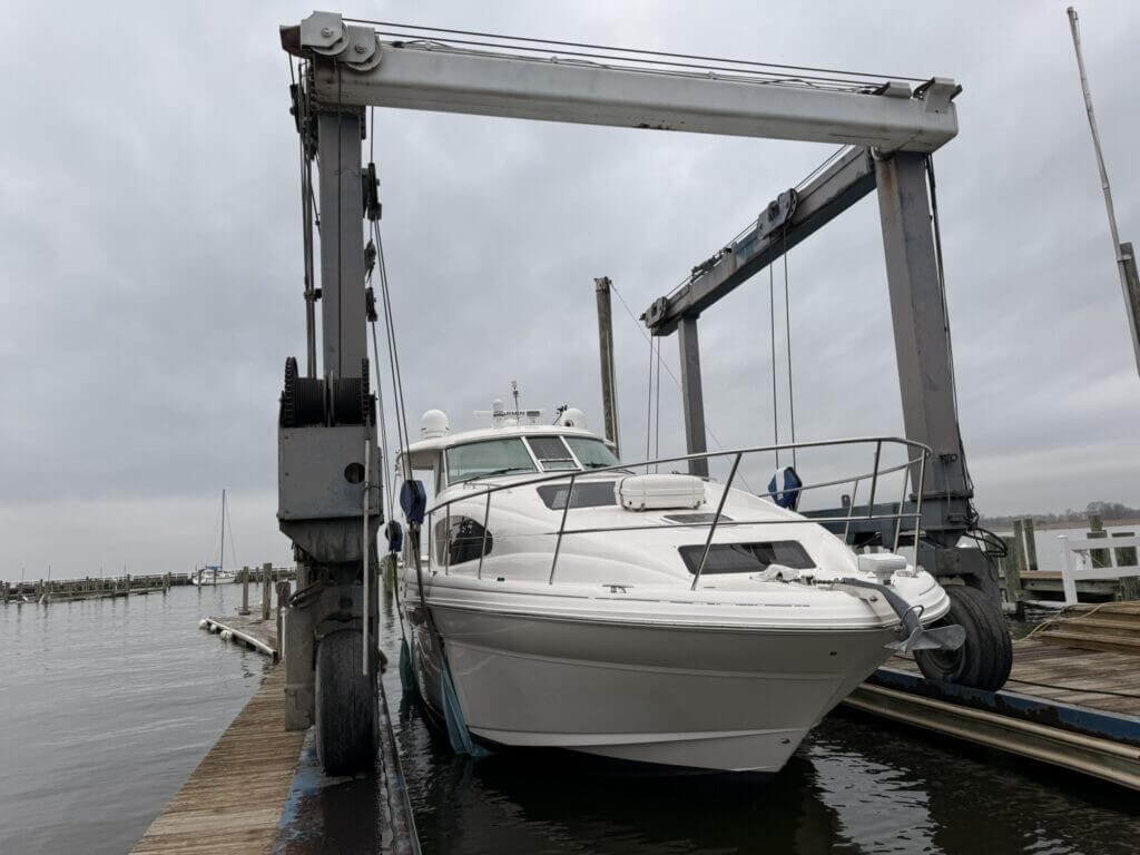 A customer’s boat is ready to launch for the season at Gratitude Marina in Rock Hall
