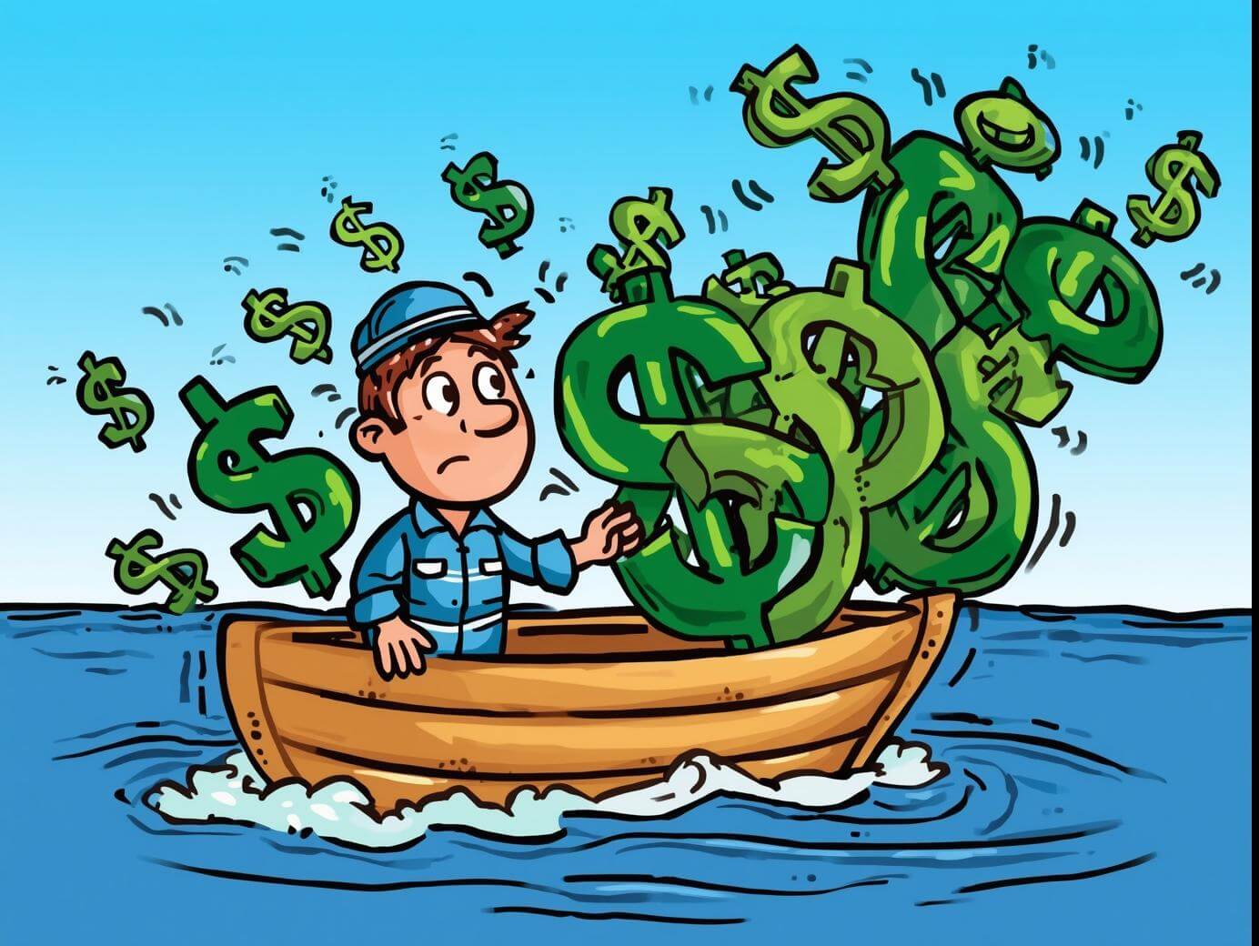 Boater with dollar signs in boat