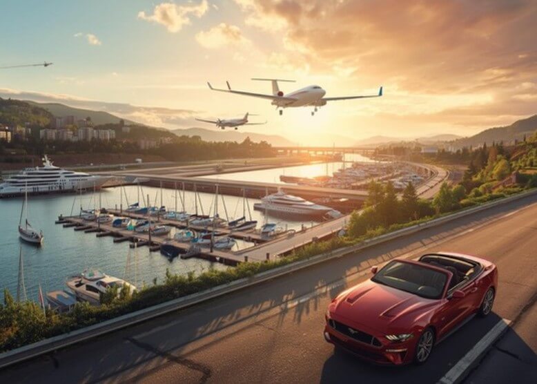 Boat, plane, and car