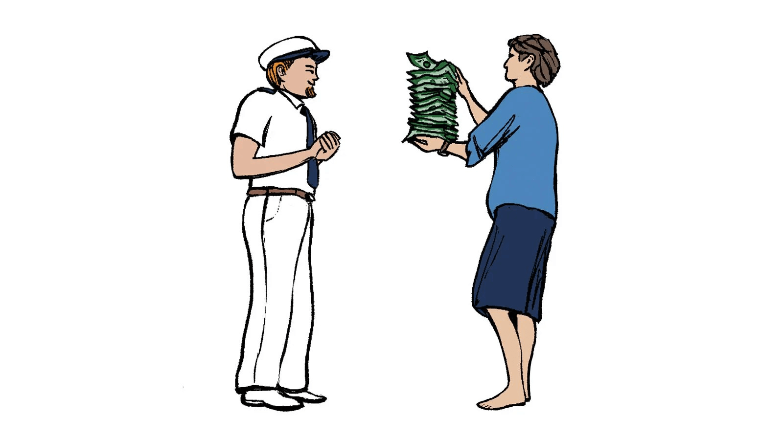 Illustration of a charter guest giving cash to the captain