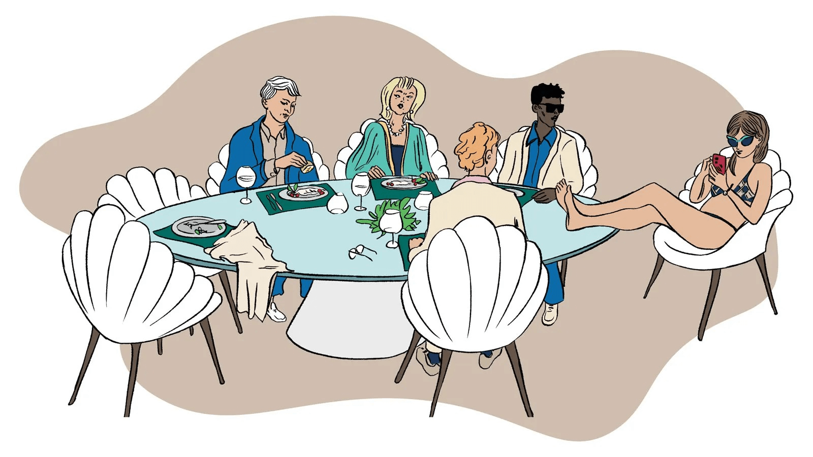 Illustration of people dining on a charter yacht