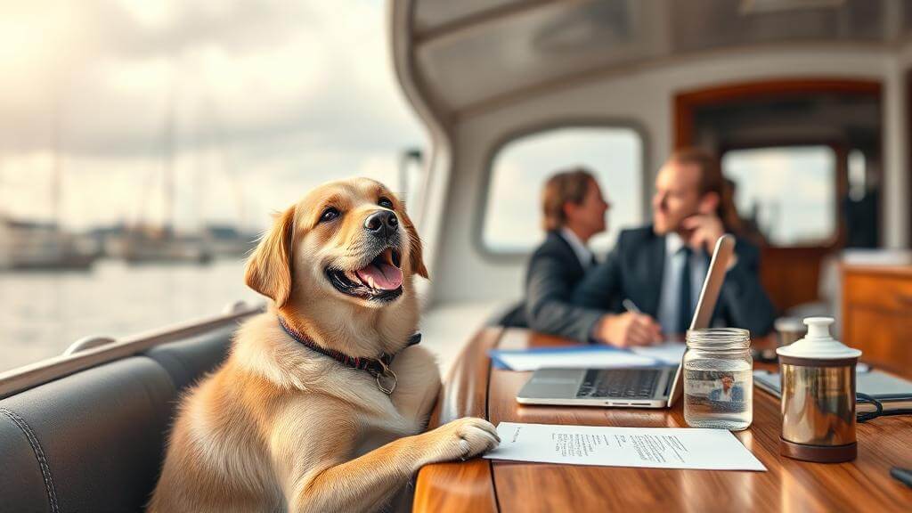 Dog at boating business meeting