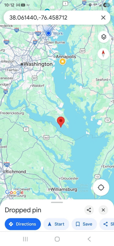 Map image - showing “dropped pin” where Captain Boomies and D’Avella spotted humpback whale