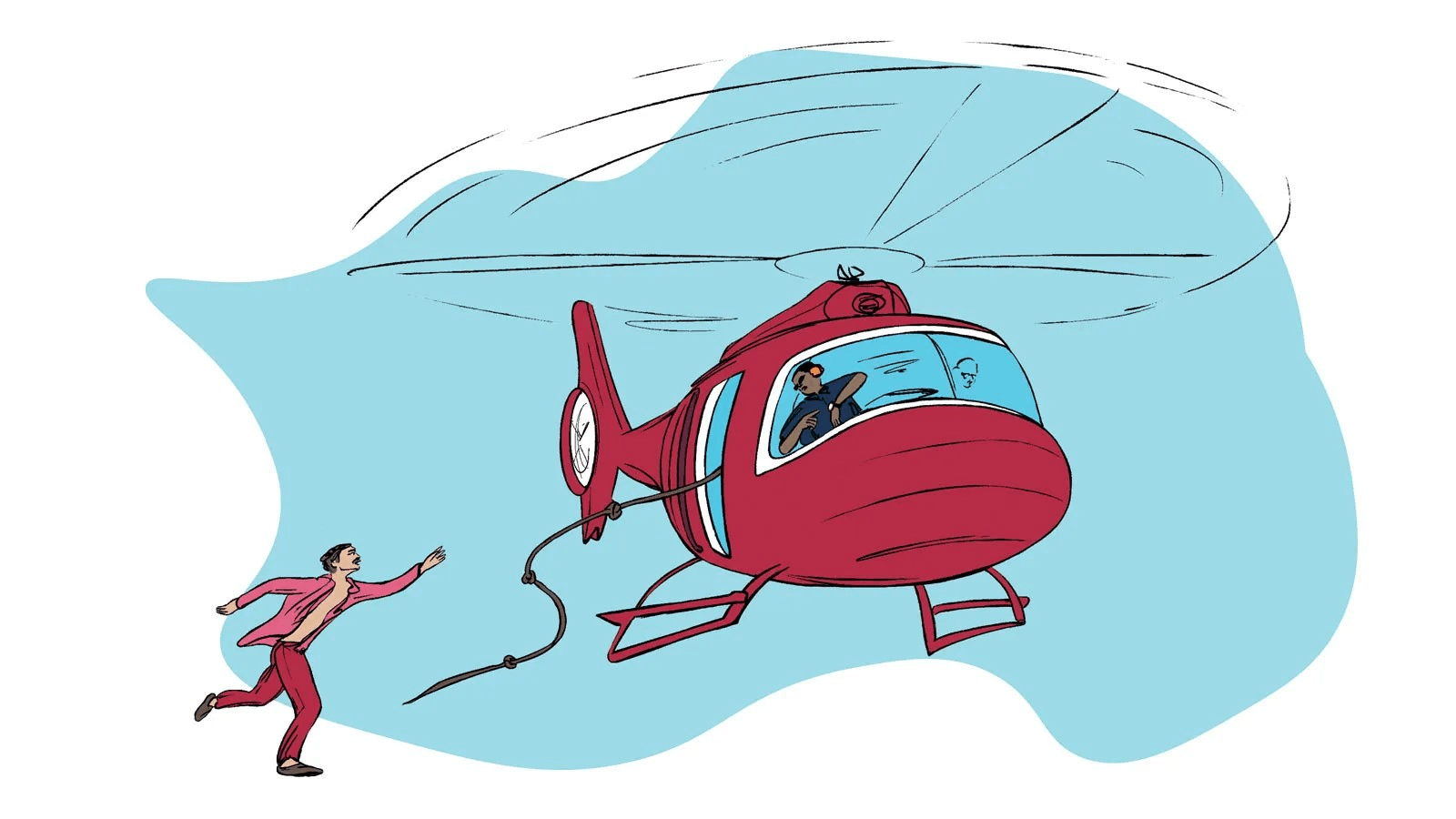Illustration of a man running for a helicopter