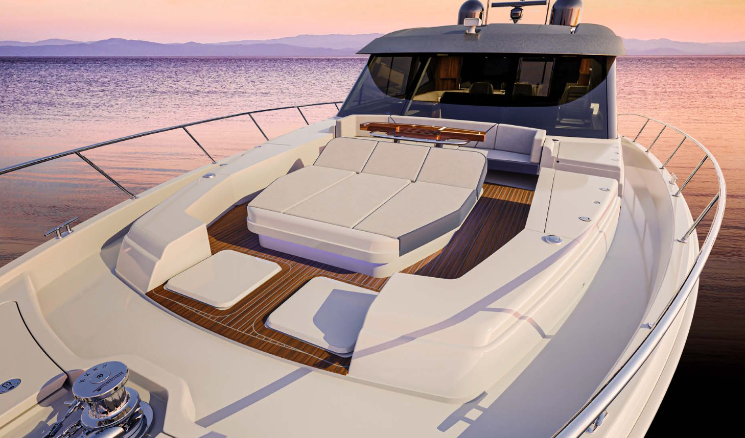 Riviera 645 SUV, Newport bow, foredeck, sunlounges