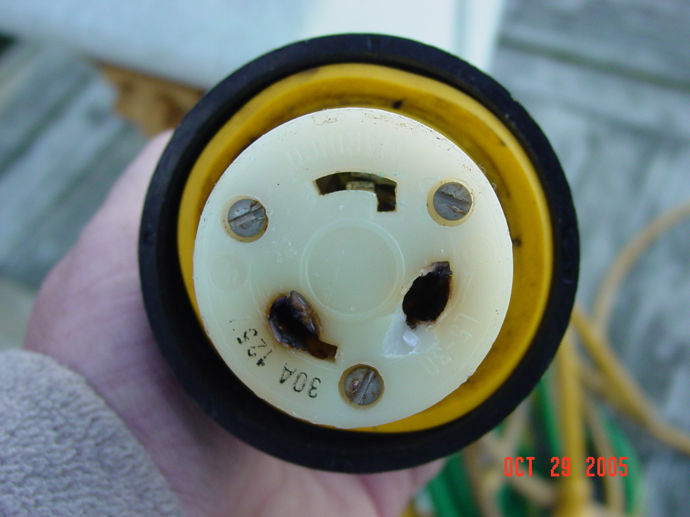 burnt female AC plug, damaged shore power plug